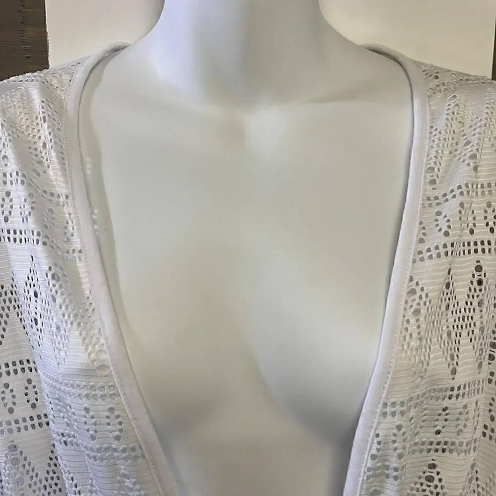 Tropical Escape White Eyelet Swim Plunging V-Neck Coverup w/Shirt Sleeves- 1X